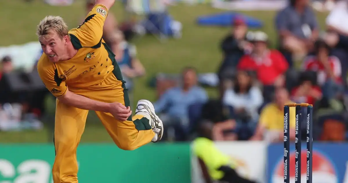 Brett Lee bowling at high speed for Australia during an international cricket match.