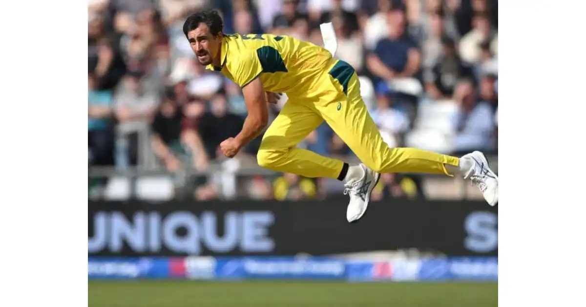 Mitchell Starc delivering a ball with his left arm during a cricket match.